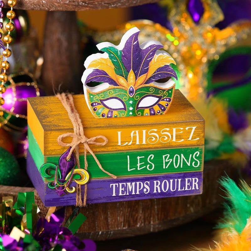 Anglechic 4 Pcs Mardi Gras Decorations for Home Mardi Gras Centerpieces Masquerade Masks Table Decorations Farmhouse Wooden Tabletop Blocks Sign for Rustic Tiered Tray Shelf Office Carnival - Image 3
